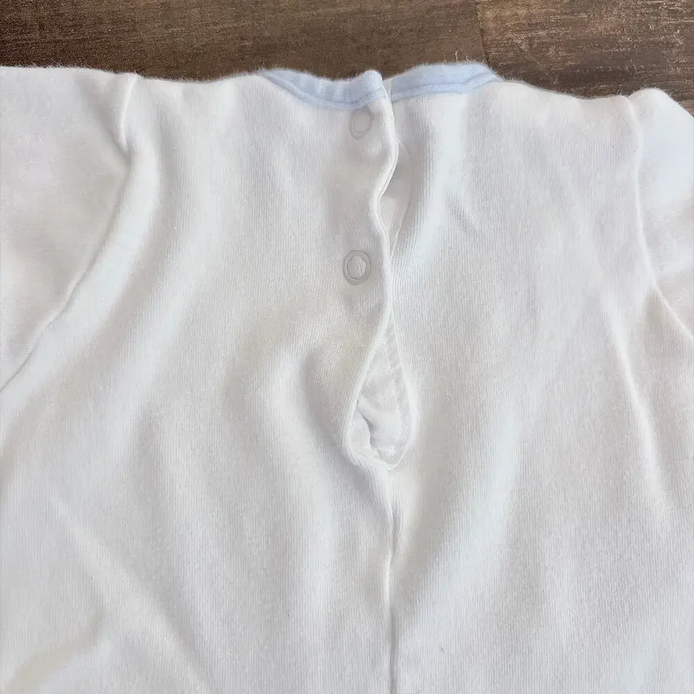 VINTAGE BABY DIOR EMBROIDERED SAILBOAT WHITE VELOUR ROMPER - 3 TO 6 M